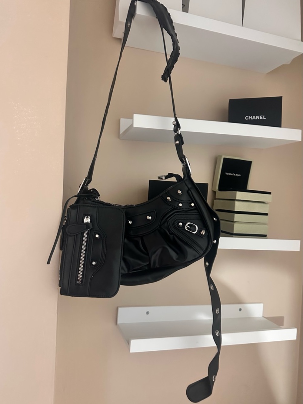 Black Studded Shoulder Bag with Removable Pouch